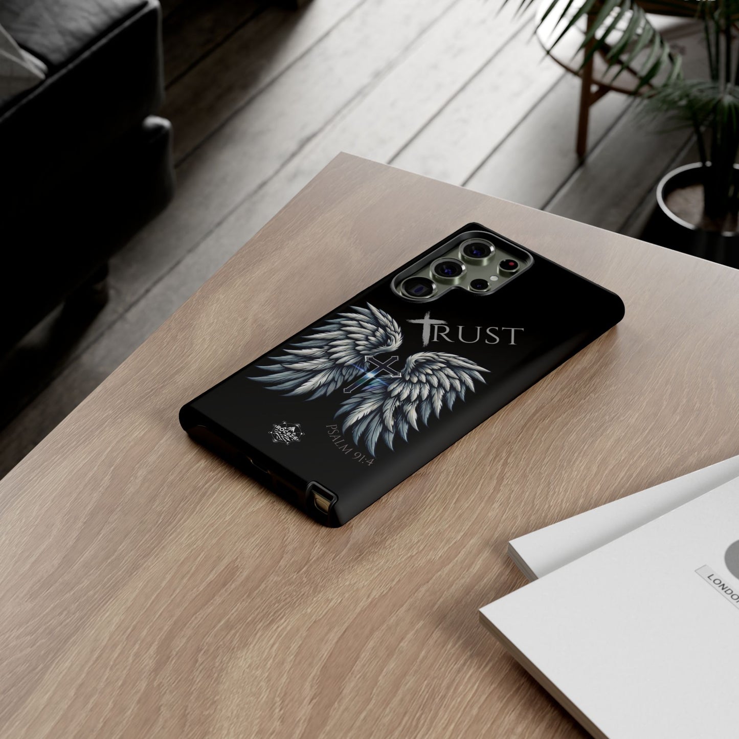 Wings Series Black Phone Case - Trust, Psalm 91:4 Design, Inspirational Gift, Christian Accessories, Spiritual Protection, Encouragement