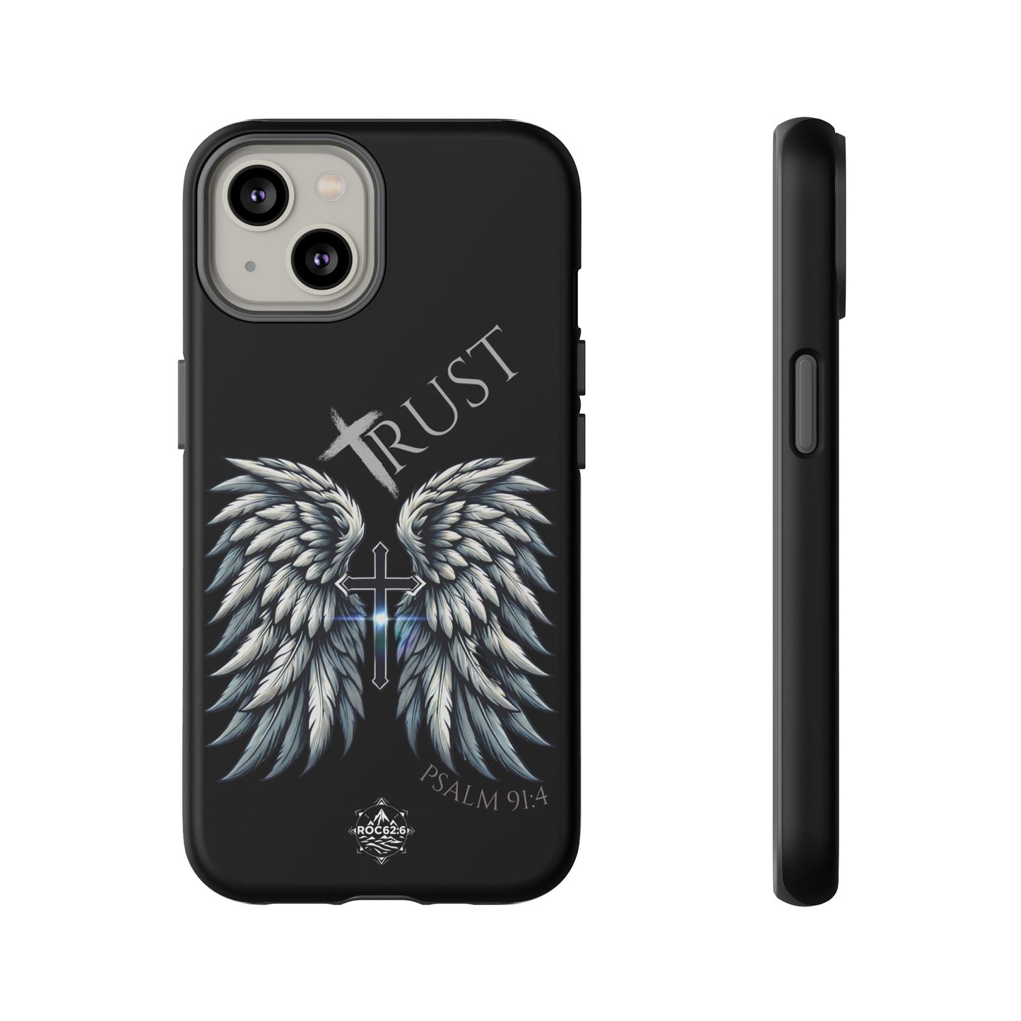 Wings Series Black Phone Case - Trust, Psalm 91:4 Design, Inspirational Gift, Christian Accessories, Spiritual Protection, Encouragement