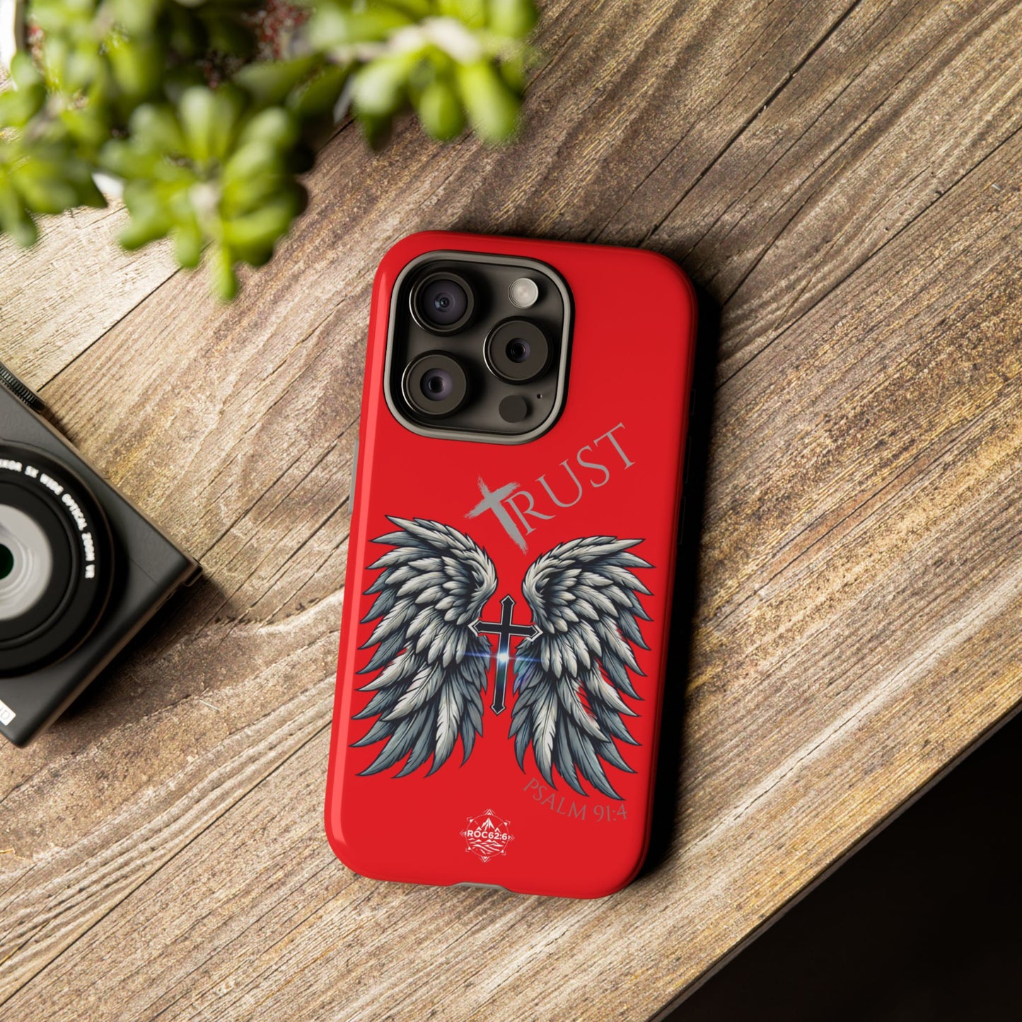 Wings Series Red Phone Case - Trust, Psalm 91:4 Design, Inspirational Gift, Christian Accessories, Spiritual Protection, Encouragement