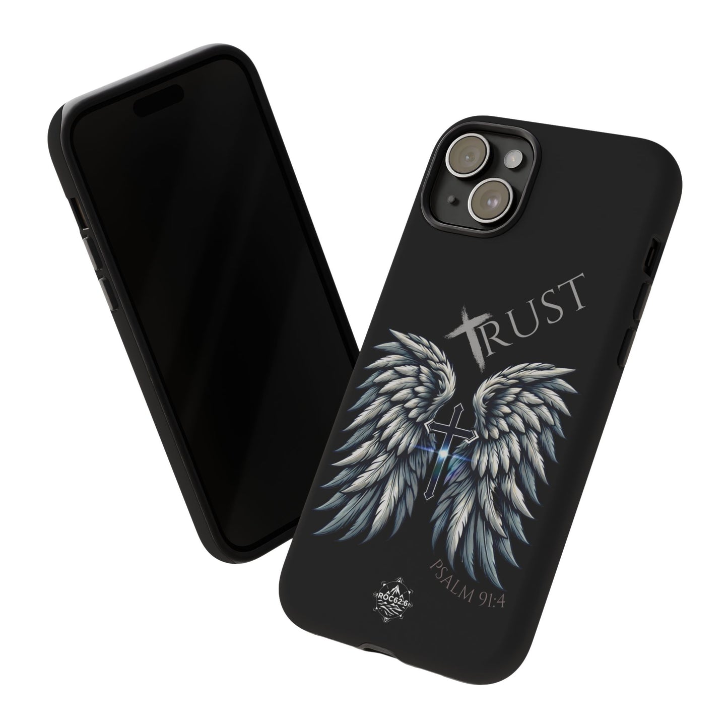Wings Series Black Phone Case - Trust, Psalm 91:4 Design, Inspirational Gift, Christian Accessories, Spiritual Protection, Encouragement