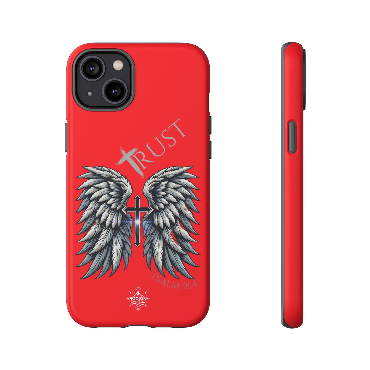 Wings Series Red Phone Case - Trust, Psalm 91:4 Design, Inspirational Gift, Christian Accessories, Spiritual Protection, Encouragement