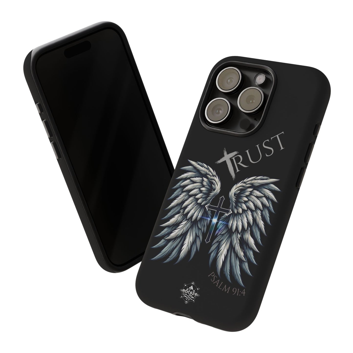 Wings Series Black Phone Case - Trust, Psalm 91:4 Design, Inspirational Gift, Christian Accessories, Spiritual Protection, Encouragement