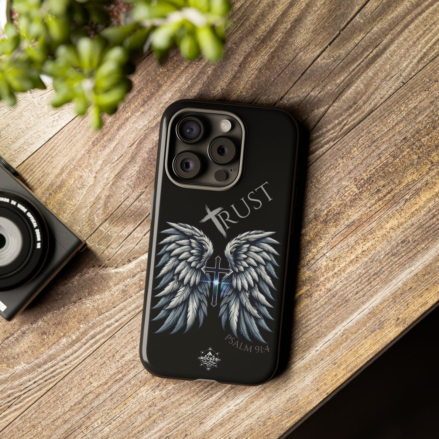 Wings Series Black Phone Case - Trust, Psalm 91:4 Design, Inspirational Gift, Christian Accessories, Spiritual Protection, Encouragement