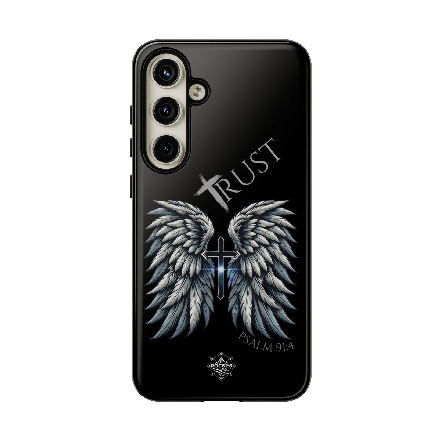 Wings Series Black Phone Case - Trust, Psalm 91:4 Design, Inspirational Gift, Christian Accessories, Spiritual Protection, Encouragement