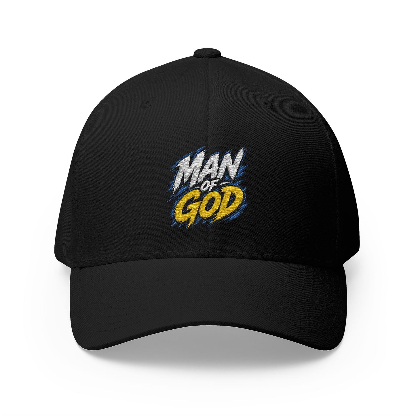 Man of God Embroidered FlexFit Baseball Cap — Faith Graphic Hat with American Flag Back Detail, Joshua 1:9