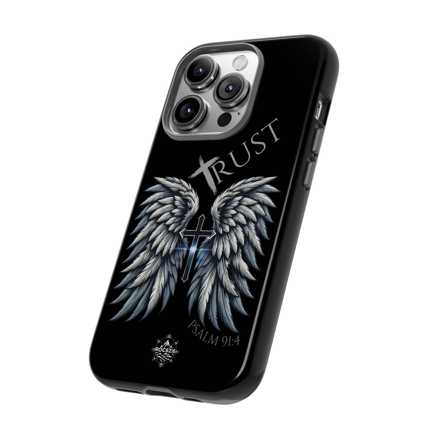 Wings Series Black Phone Case - Trust, Psalm 91:4 Design, Inspirational Gift, Christian Accessories, Spiritual Protection, Encouragement