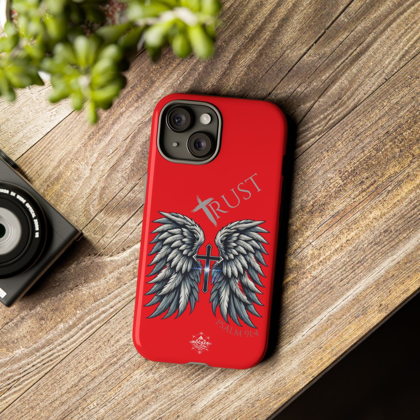 Wings Series Red Phone Case - Trust, Psalm 91:4 Design, Inspirational Gift, Christian Accessories, Spiritual Protection, Encouragement