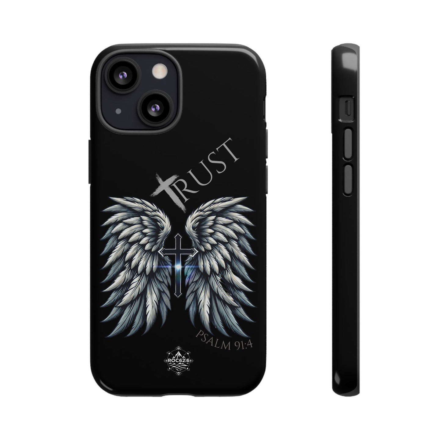 Wings Series Black Phone Case - Trust, Psalm 91:4 Design, Inspirational Gift, Christian Accessories, Spiritual Protection, Encouragement