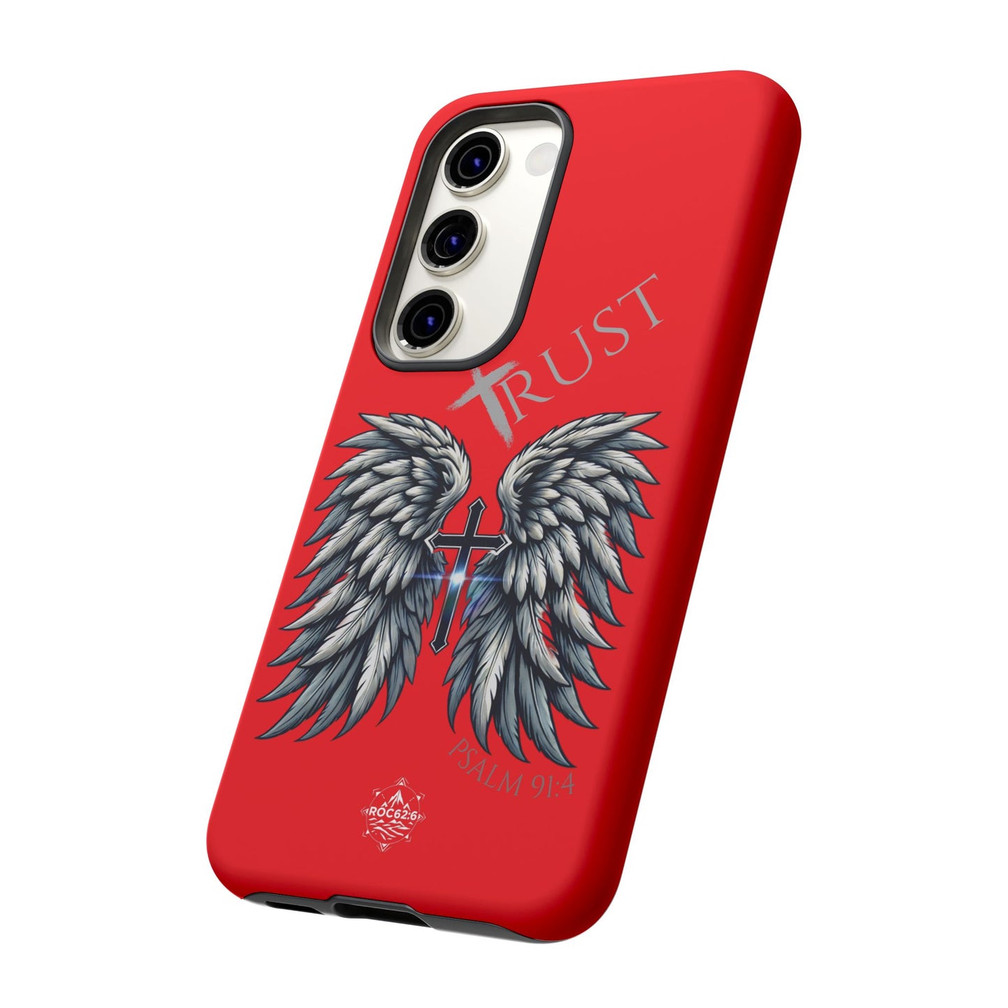 Wings Series Red Phone Case - Trust, Psalm 91:4 Design, Inspirational Gift, Christian Accessories, Spiritual Protection, Encouragement