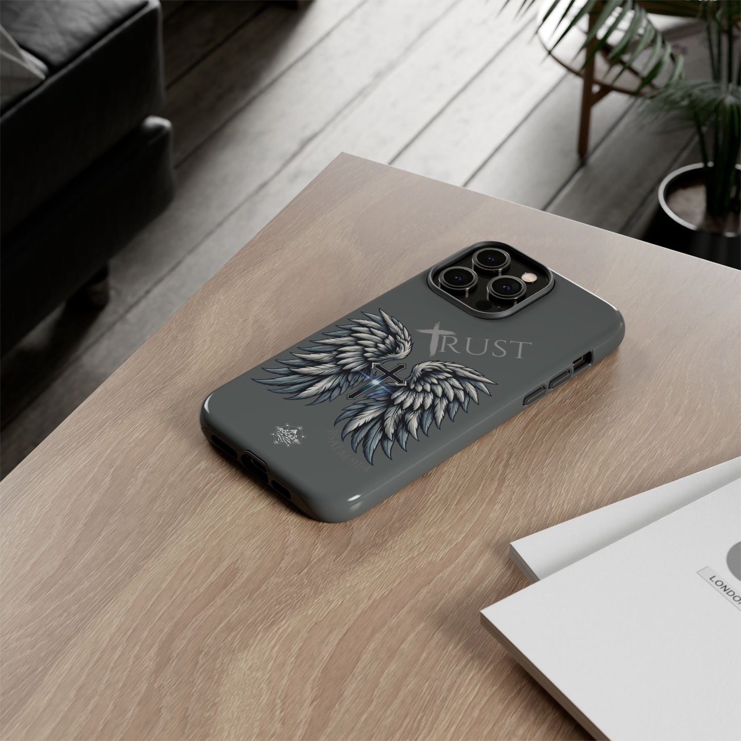 Wings Series Dark Grey Phone Case - Trust, Psalm 91:4 Design, Inspirational Gift, Christian Accessories, Spiritual Protection, Encouragement