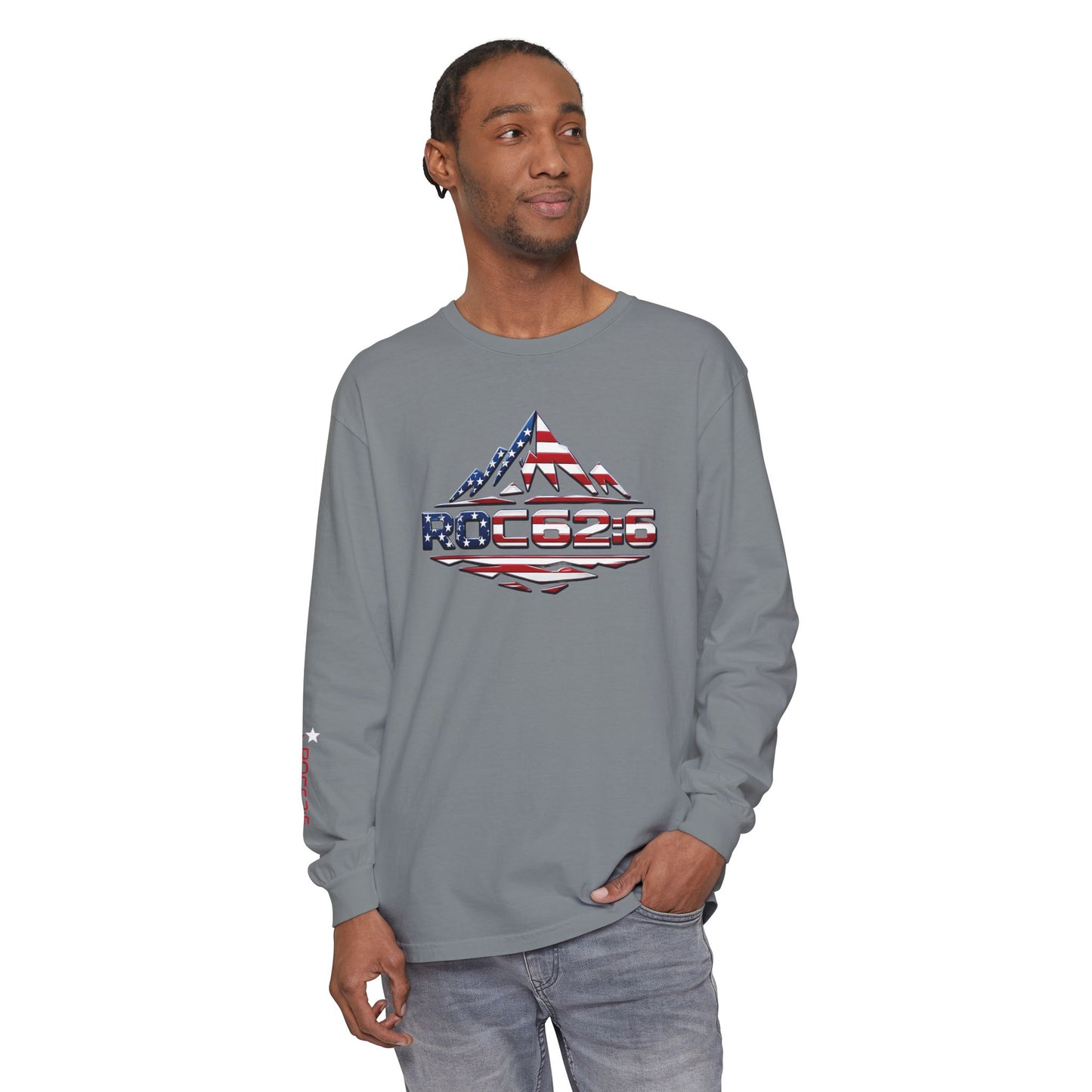 American Flag Mountain ROC626 Long Sleeve Shirt | Patriotic Outdoor Tee