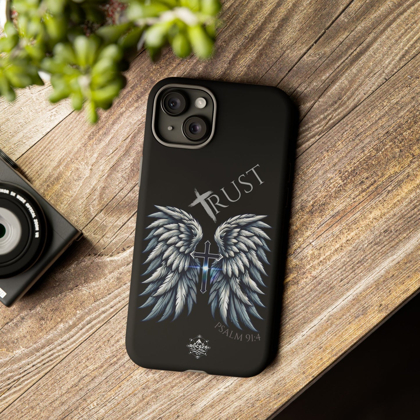 Wings Series Black Phone Case - Trust, Psalm 91:4 Design, Inspirational Gift, Christian Accessories, Spiritual Protection, Encouragement
