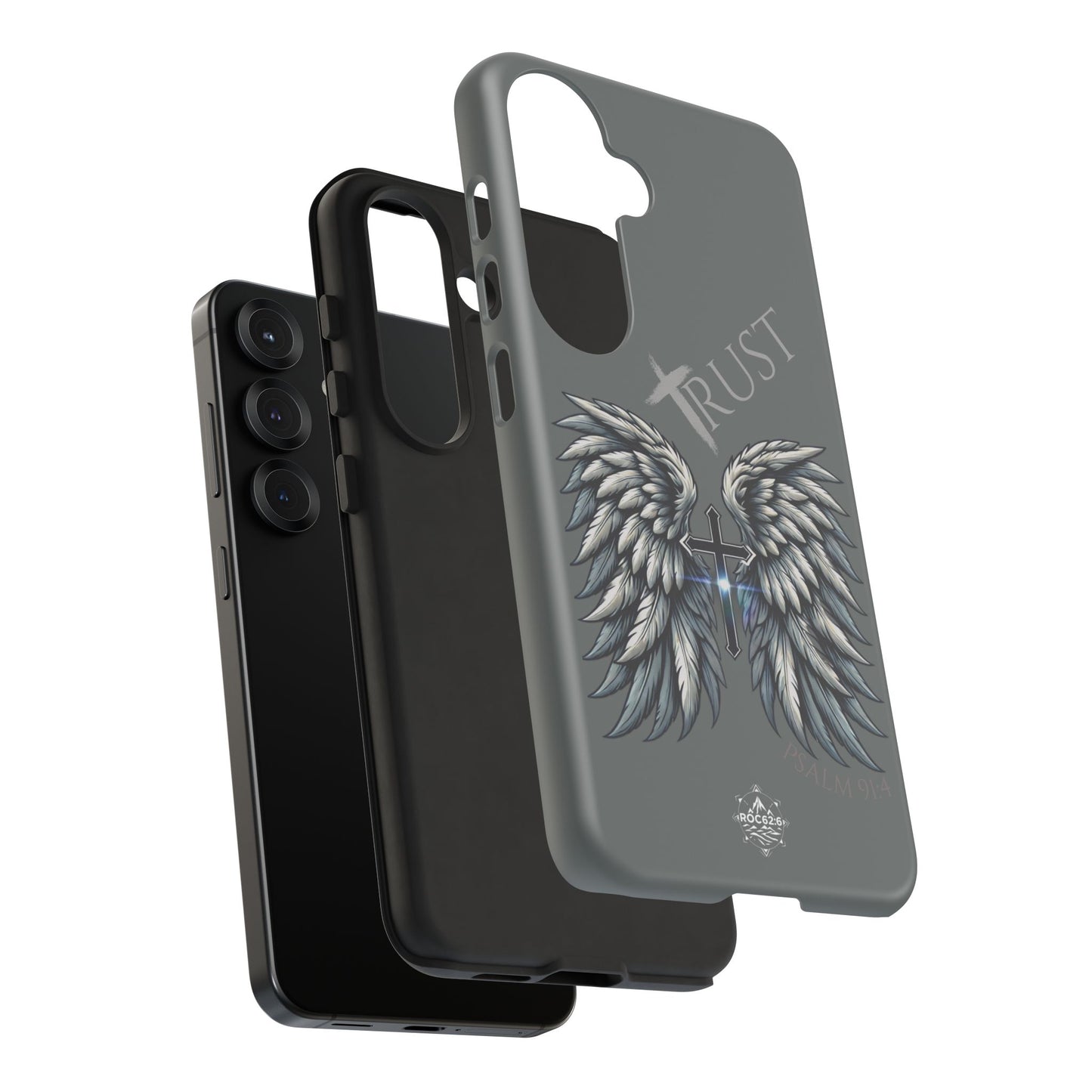 Wings Series Dark Grey Phone Case - Trust, Psalm 91:4 Design, Inspirational Gift, Christian Accessories, Spiritual Protection, Encouragement