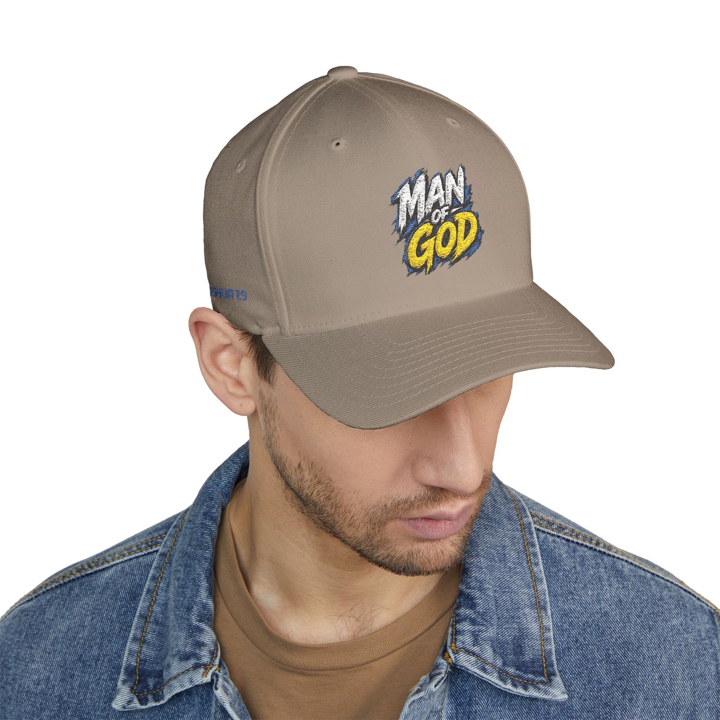 Man of God Embroidered FlexFit Baseball Cap — Faith Graphic Hat with American Flag Back Detail, Joshua 1:9