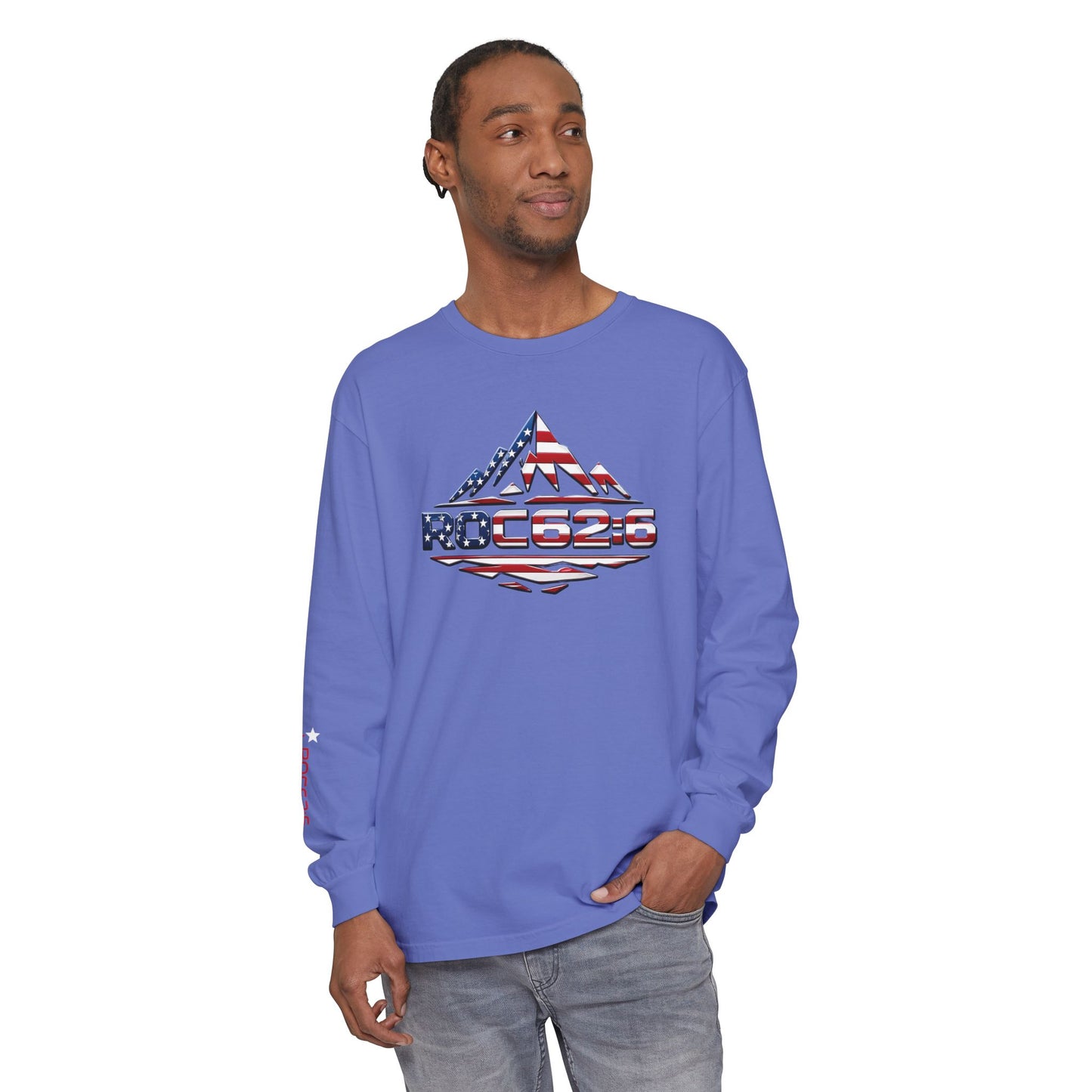 American Flag Mountain ROC626 Long Sleeve Shirt | Patriotic Outdoor Tee