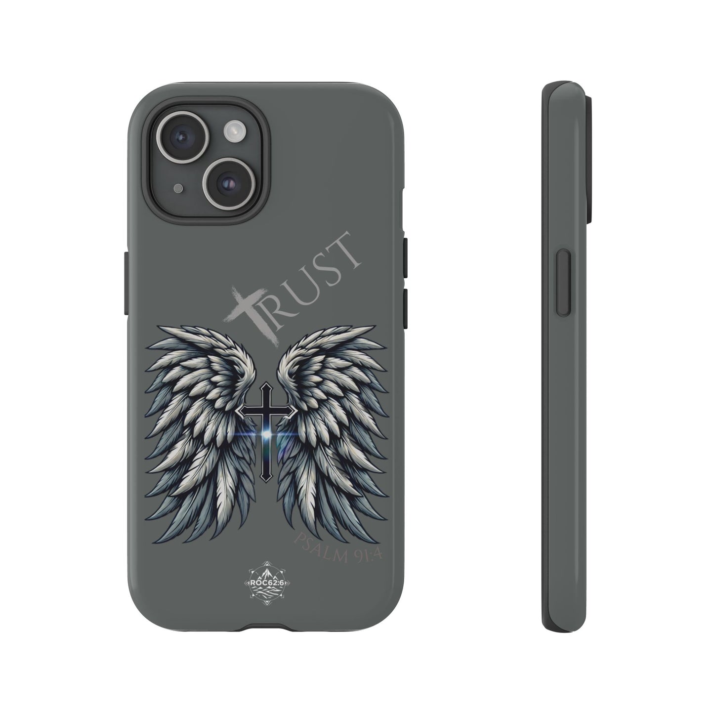 Wings Series Dark Grey Phone Case - Trust, Psalm 91:4 Design, Inspirational Gift, Christian Accessories, Spiritual Protection, Encouragement
