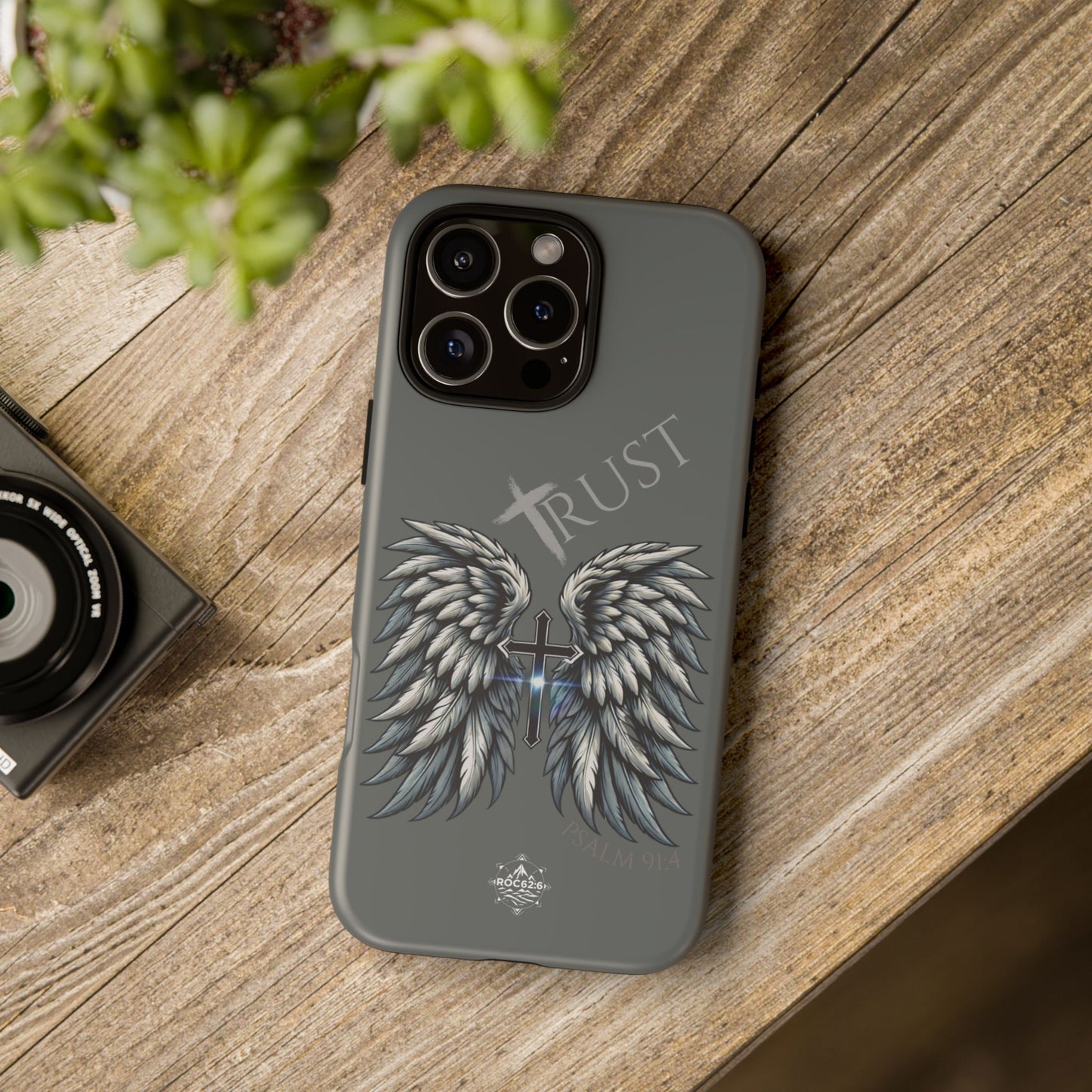 Wings Series Dark Grey Phone Case - Trust, Psalm 91:4 Design, Inspirational Gift, Christian Accessories, Spiritual Protection, Encouragement