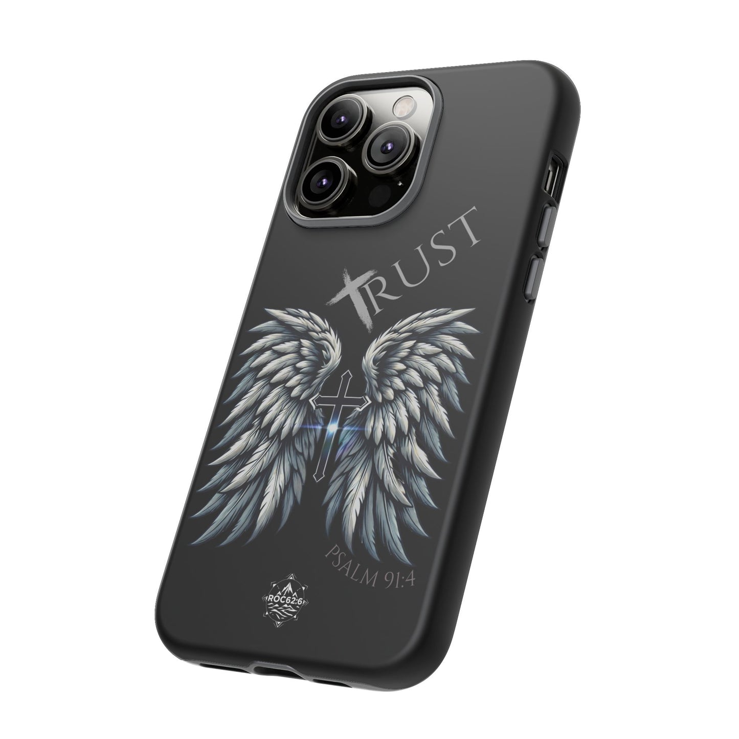 Wings Series Black Phone Case - Trust, Psalm 91:4 Design, Inspirational Gift, Christian Accessories, Spiritual Protection, Encouragement