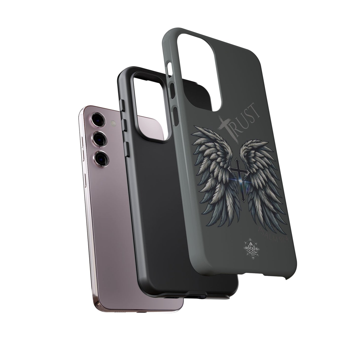 Wings Series Dark Grey Phone Case - Trust, Psalm 91:4 Design, Inspirational Gift, Christian Accessories, Spiritual Protection, Encouragement