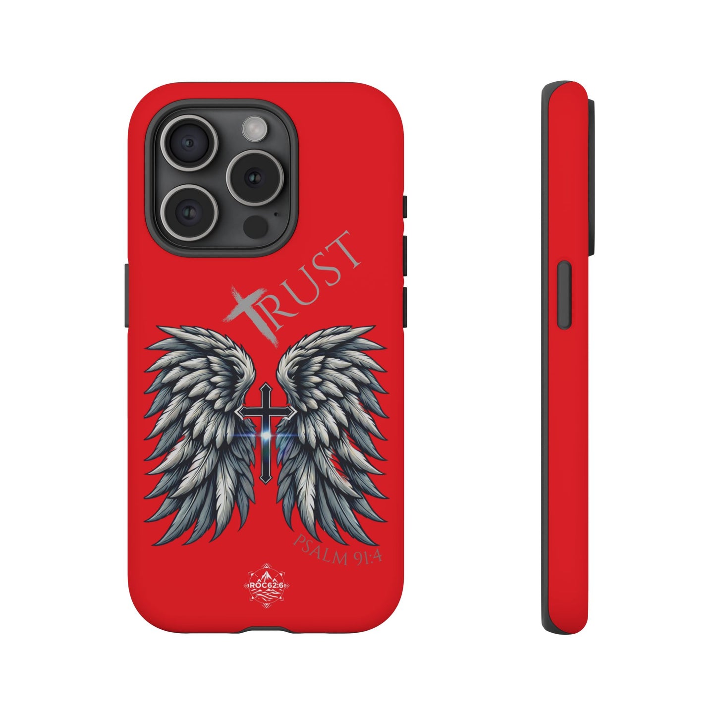 Wings Series Red Phone Case - Trust, Psalm 91:4 Design, Inspirational Gift, Christian Accessories, Spiritual Protection, Encouragement