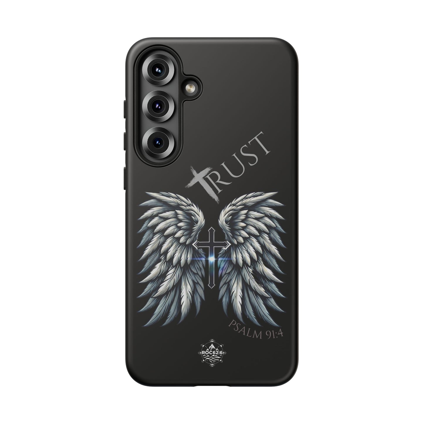 Wings Series Black Phone Case - Trust, Psalm 91:4 Design, Inspirational Gift, Christian Accessories, Spiritual Protection, Encouragement
