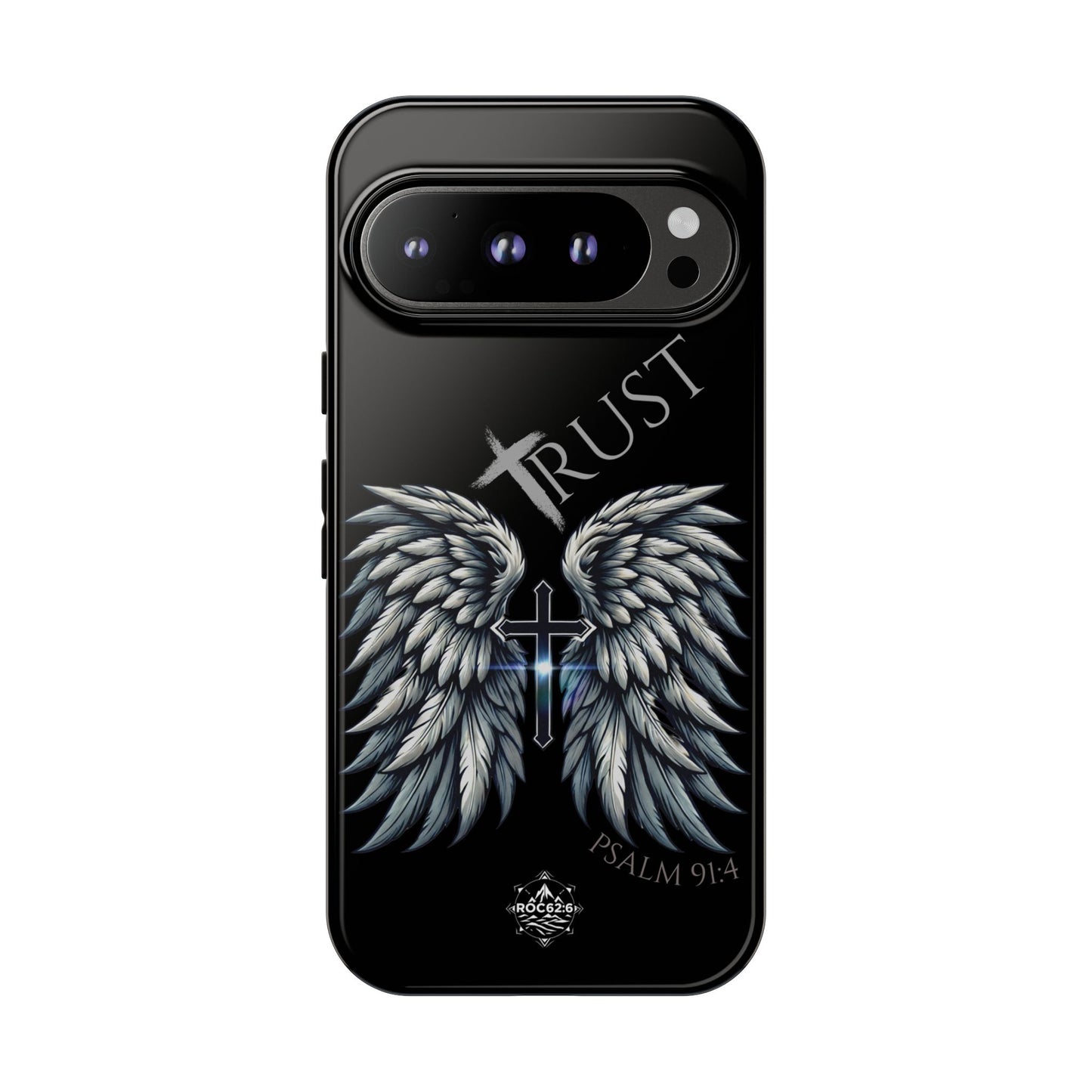 Wings Series Black Phone Case - Trust, Psalm 91:4 Design, Inspirational Gift, Christian Accessories, Spiritual Protection, Encouragement