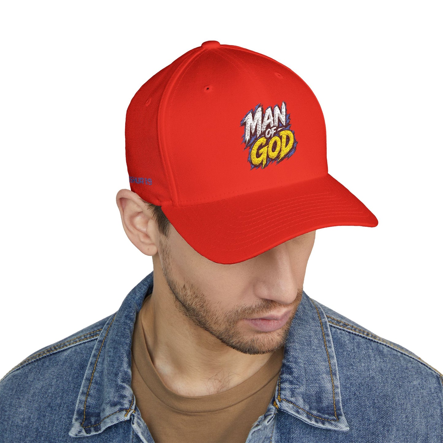 Man of God Embroidered FlexFit Baseball Cap — Faith Graphic Hat with American Flag Back Detail, Joshua 1:9