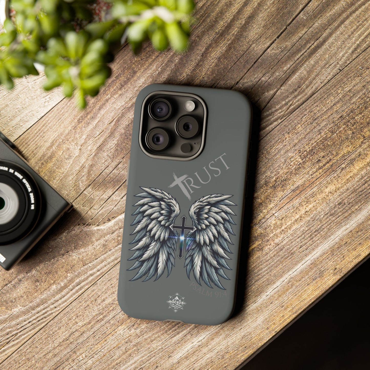 Wings Series Dark Grey Phone Case - Trust, Psalm 91:4 Design, Inspirational Gift, Christian Accessories, Spiritual Protection, Encouragement