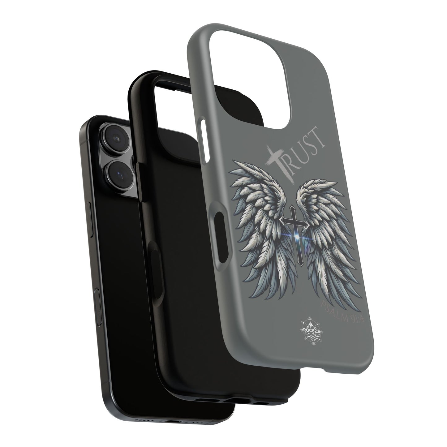Wings Series Dark Grey Phone Case - Trust, Psalm 91:4 Design, Inspirational Gift, Christian Accessories, Spiritual Protection, Encouragement