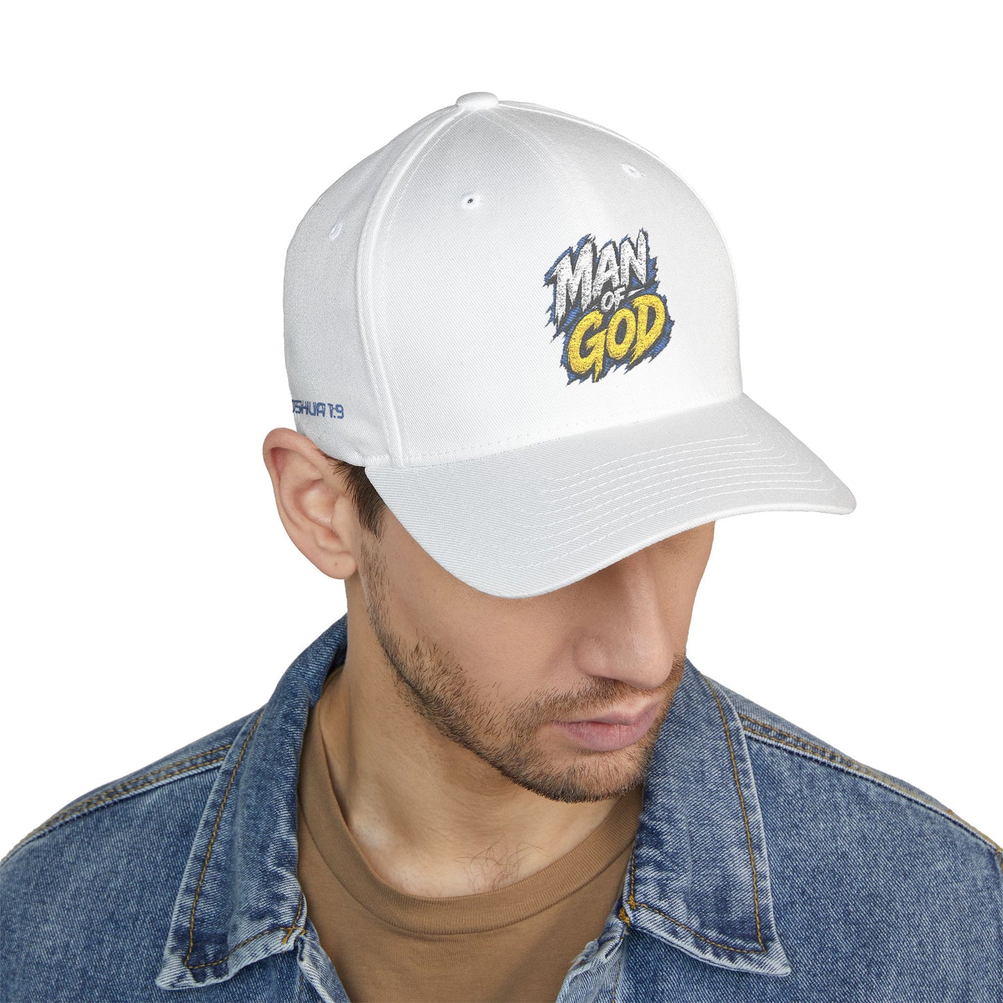 Man of God Embroidered FlexFit Baseball Cap — Faith Graphic Hat with American Flag Back Detail, Joshua 1:9