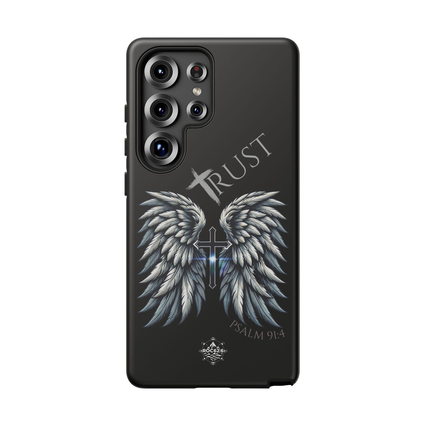Wings Series Black Phone Case - Trust, Psalm 91:4 Design, Inspirational Gift, Christian Accessories, Spiritual Protection, Encouragement