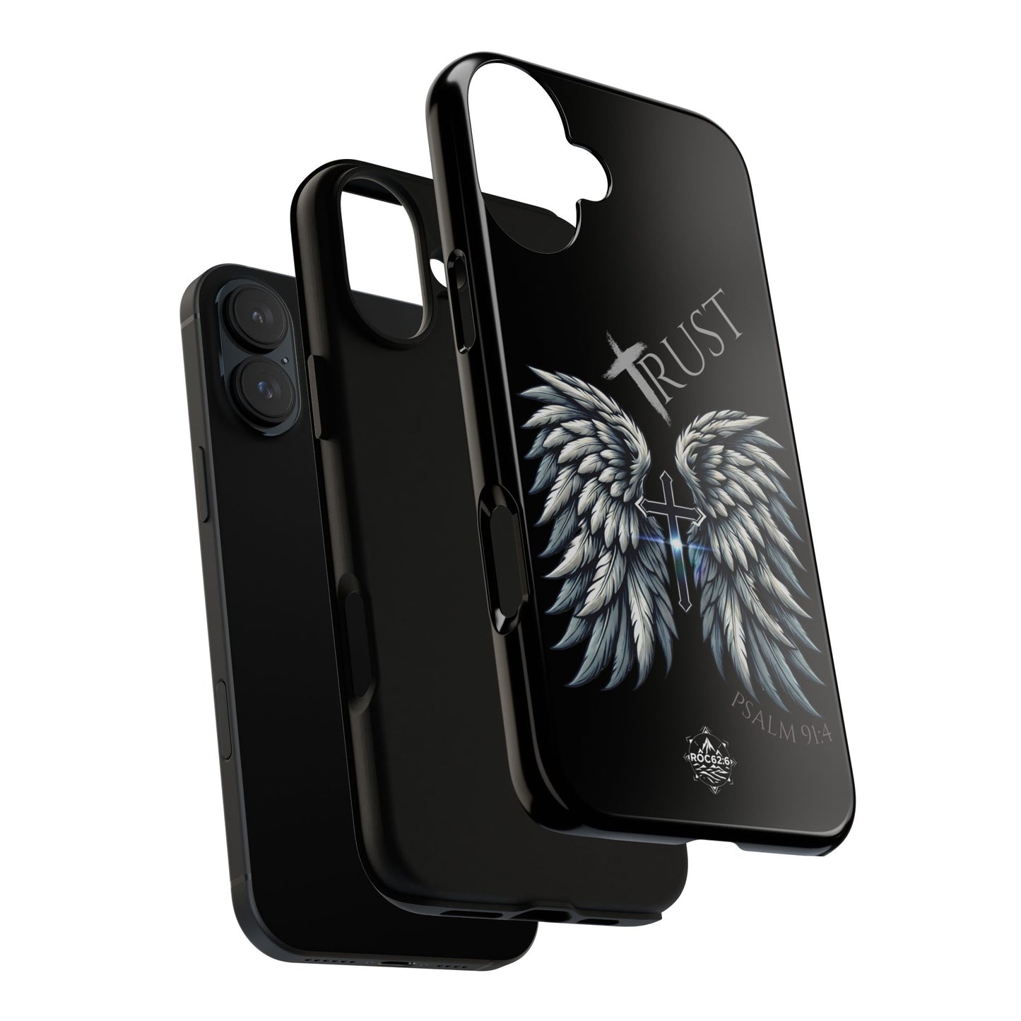 Wings Series Black Phone Case - Trust, Psalm 91:4 Design, Inspirational Gift, Christian Accessories, Spiritual Protection, Encouragement