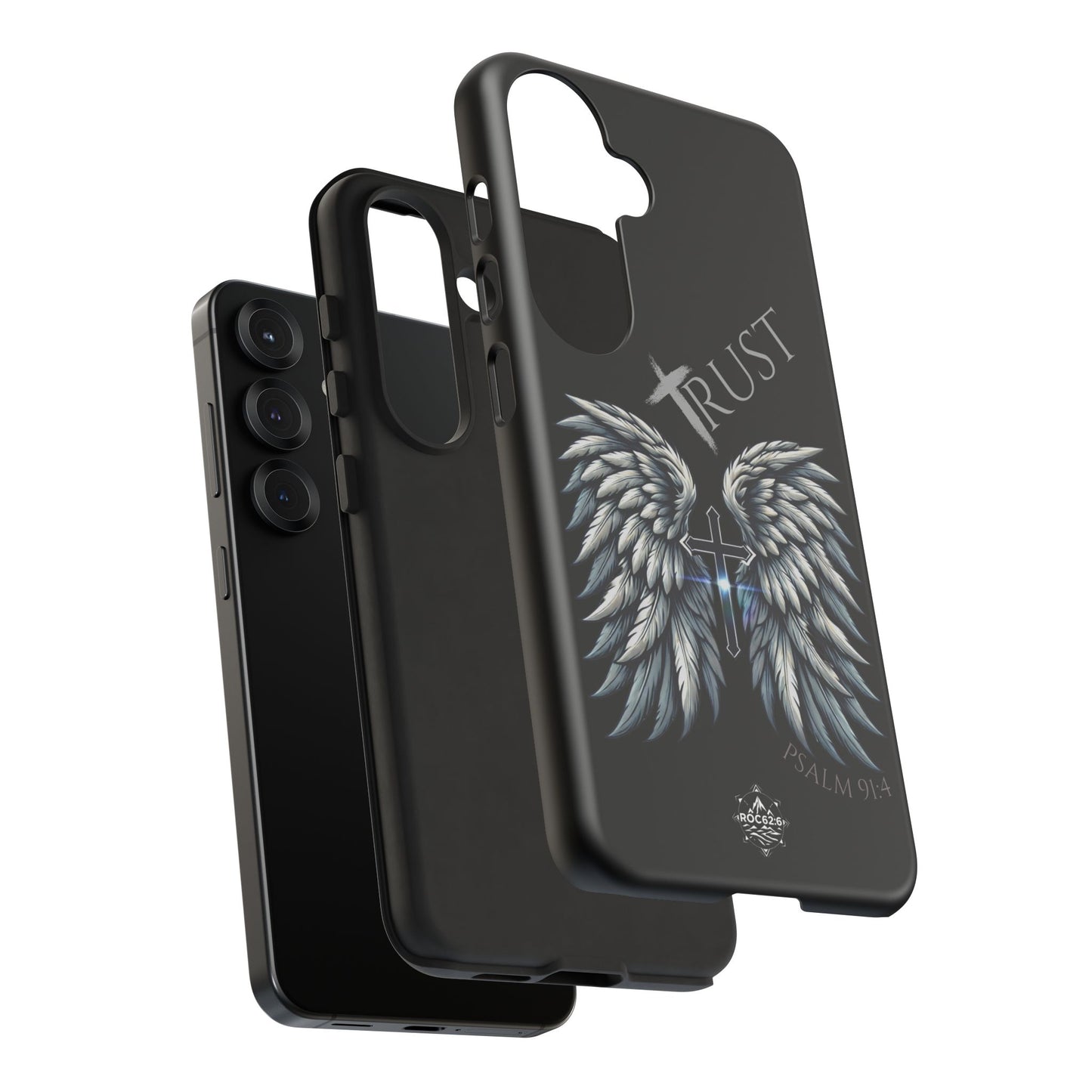 Wings Series Black Phone Case - Trust, Psalm 91:4 Design, Inspirational Gift, Christian Accessories, Spiritual Protection, Encouragement