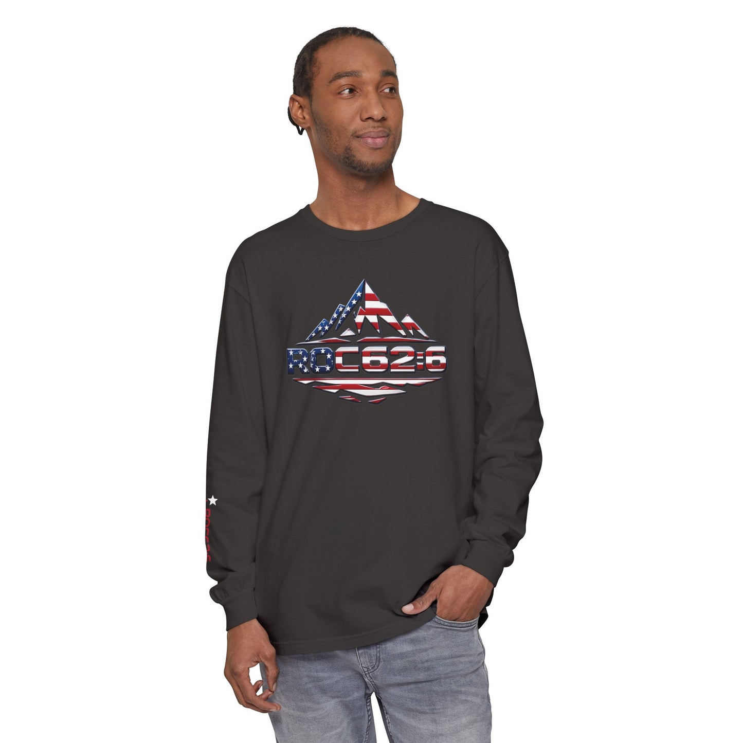 American Flag Mountain ROC626 Long Sleeve Shirt | Patriotic Outdoor Tee