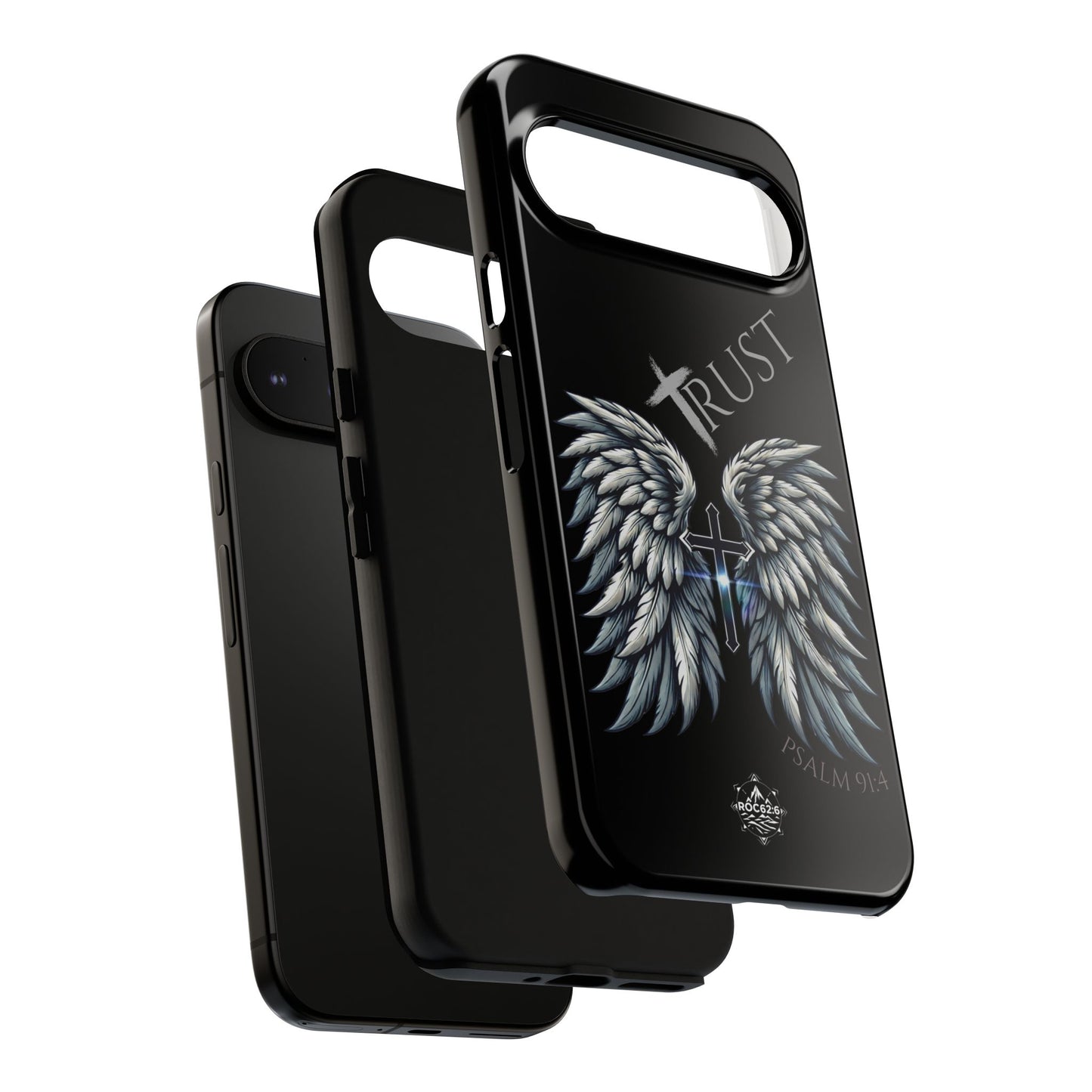 Wings Series Black Phone Case - Trust, Psalm 91:4 Design, Inspirational Gift, Christian Accessories, Spiritual Protection, Encouragement