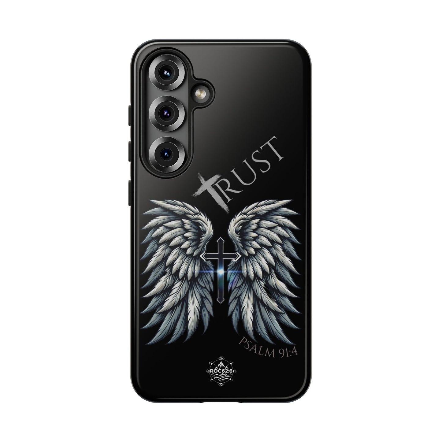 Wings Series Black Phone Case - Trust, Psalm 91:4 Design, Inspirational Gift, Christian Accessories, Spiritual Protection, Encouragement