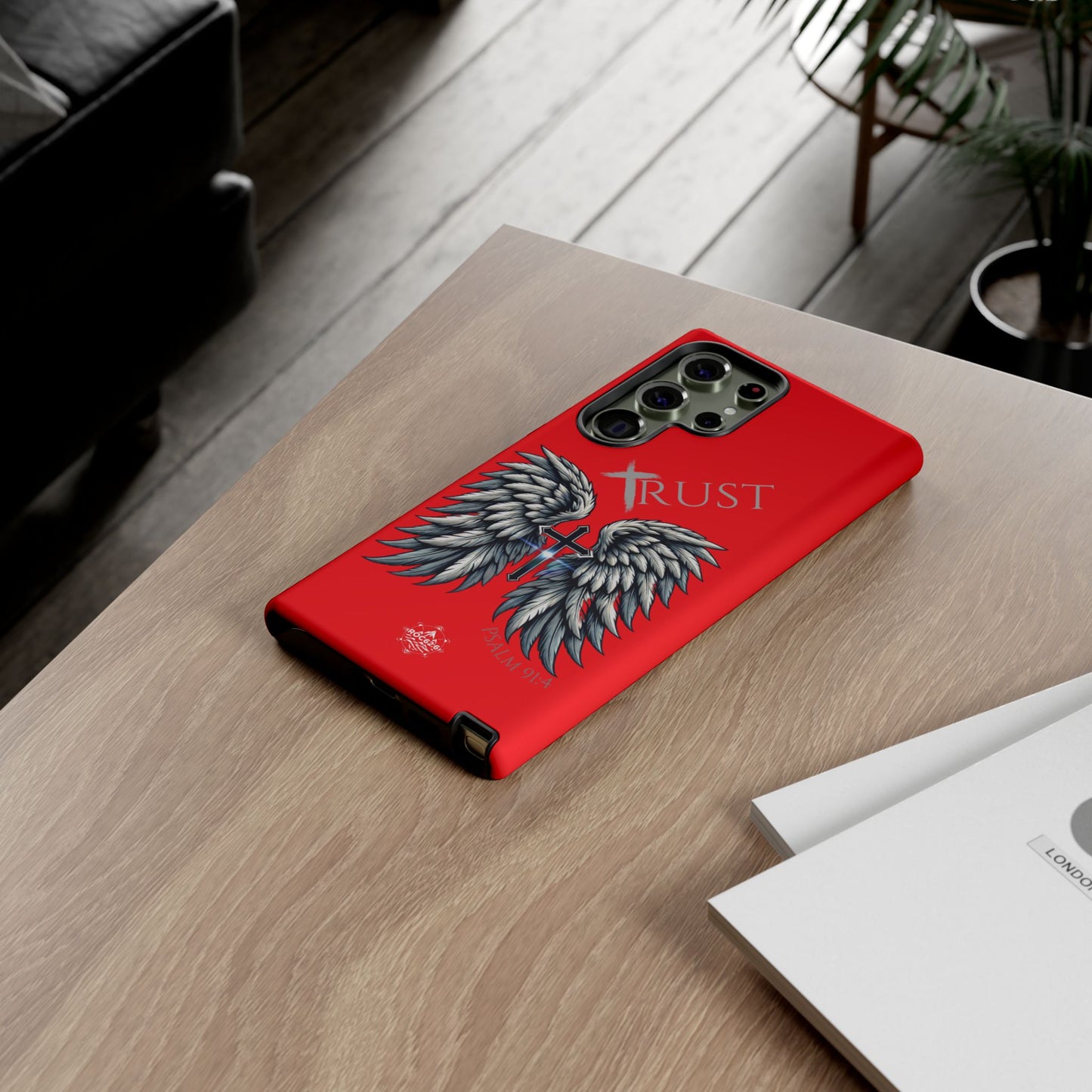 Wings Series Red Phone Case - Trust, Psalm 91:4 Design, Inspirational Gift, Christian Accessories, Spiritual Protection, Encouragement