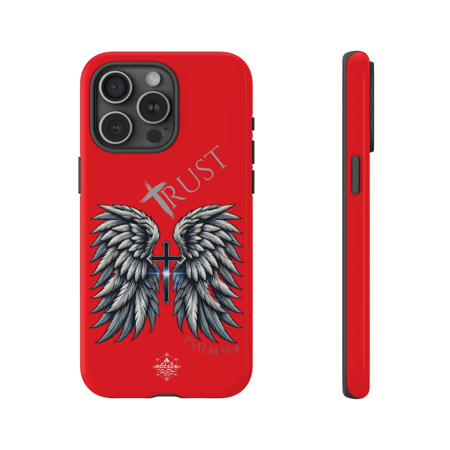 Wings Series Red Phone Case - Trust, Psalm 91:4 Design, Inspirational Gift, Christian Accessories, Spiritual Protection, Encouragement