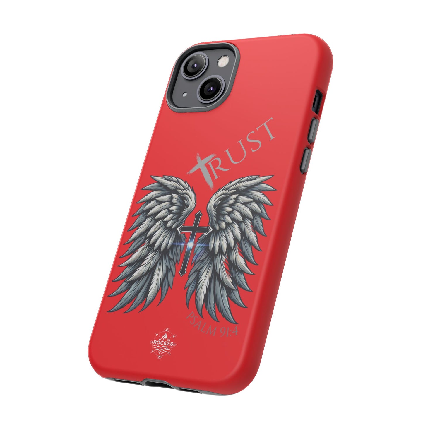 Wings Series Red Phone Case - Trust, Psalm 91:4 Design, Inspirational Gift, Christian Accessories, Spiritual Protection, Encouragement