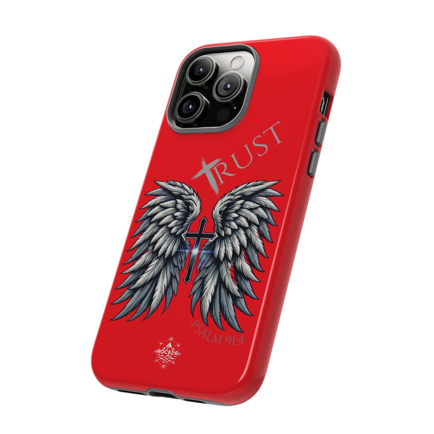 Wings Series Red Phone Case - Trust, Psalm 91:4 Design, Inspirational Gift, Christian Accessories, Spiritual Protection, Encouragement
