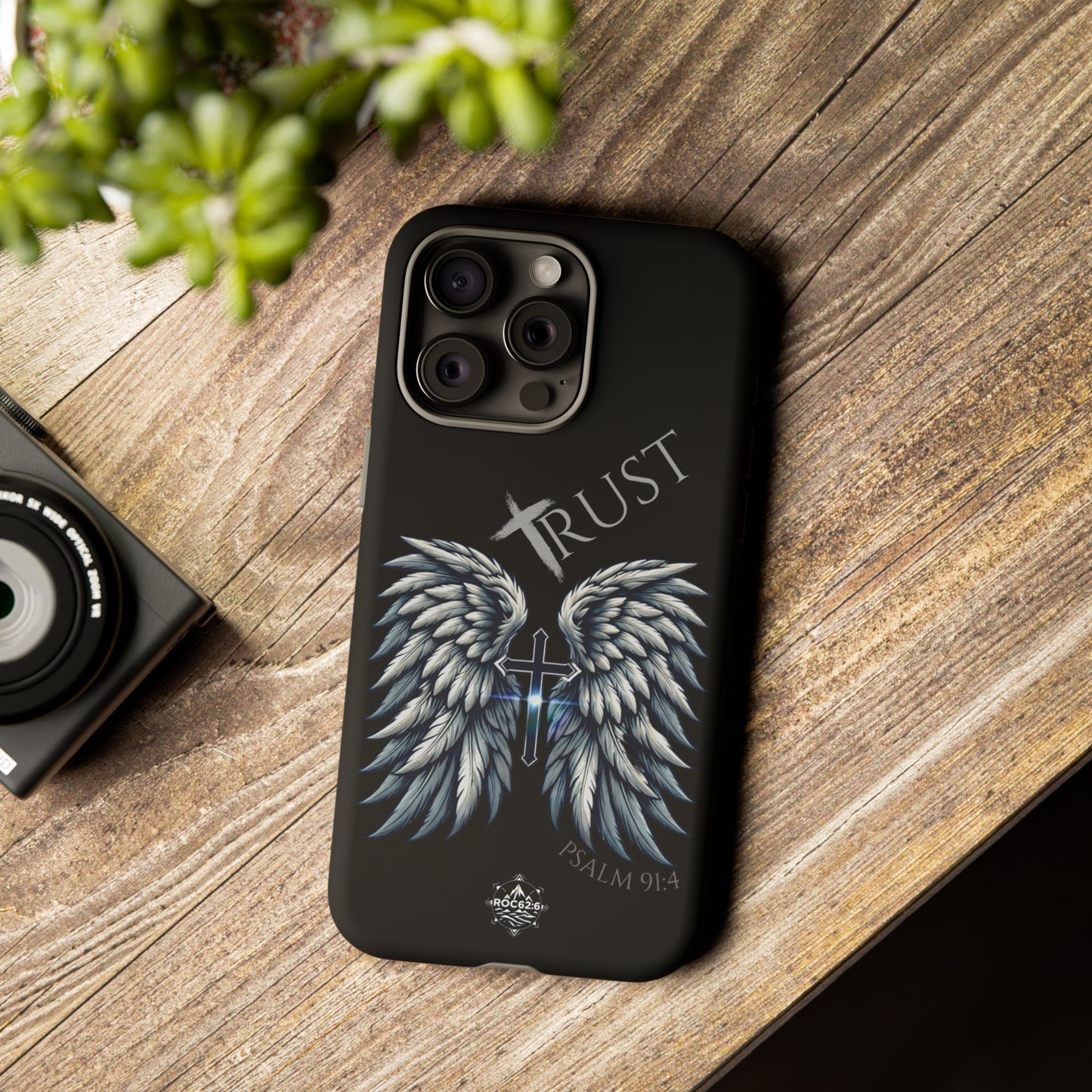 Wings Series Black Phone Case - Trust, Psalm 91:4 Design, Inspirational Gift, Christian Accessories, Spiritual Protection, Encouragement