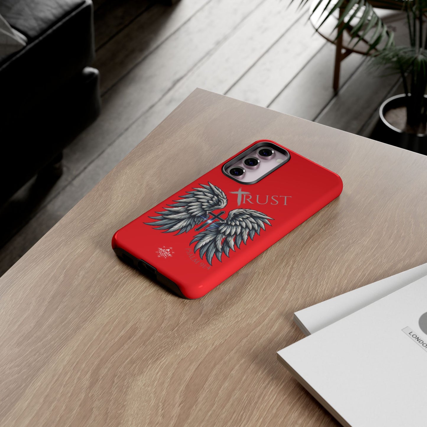 Wings Series Red Phone Case - Trust, Psalm 91:4 Design, Inspirational Gift, Christian Accessories, Spiritual Protection, Encouragement