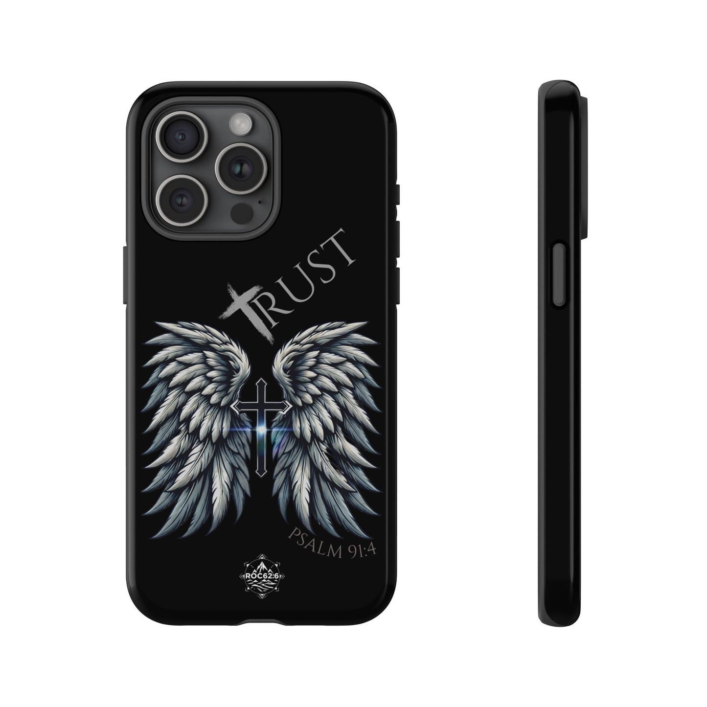 Wings Series Black Phone Case - Trust, Psalm 91:4 Design, Inspirational Gift, Christian Accessories, Spiritual Protection, Encouragement