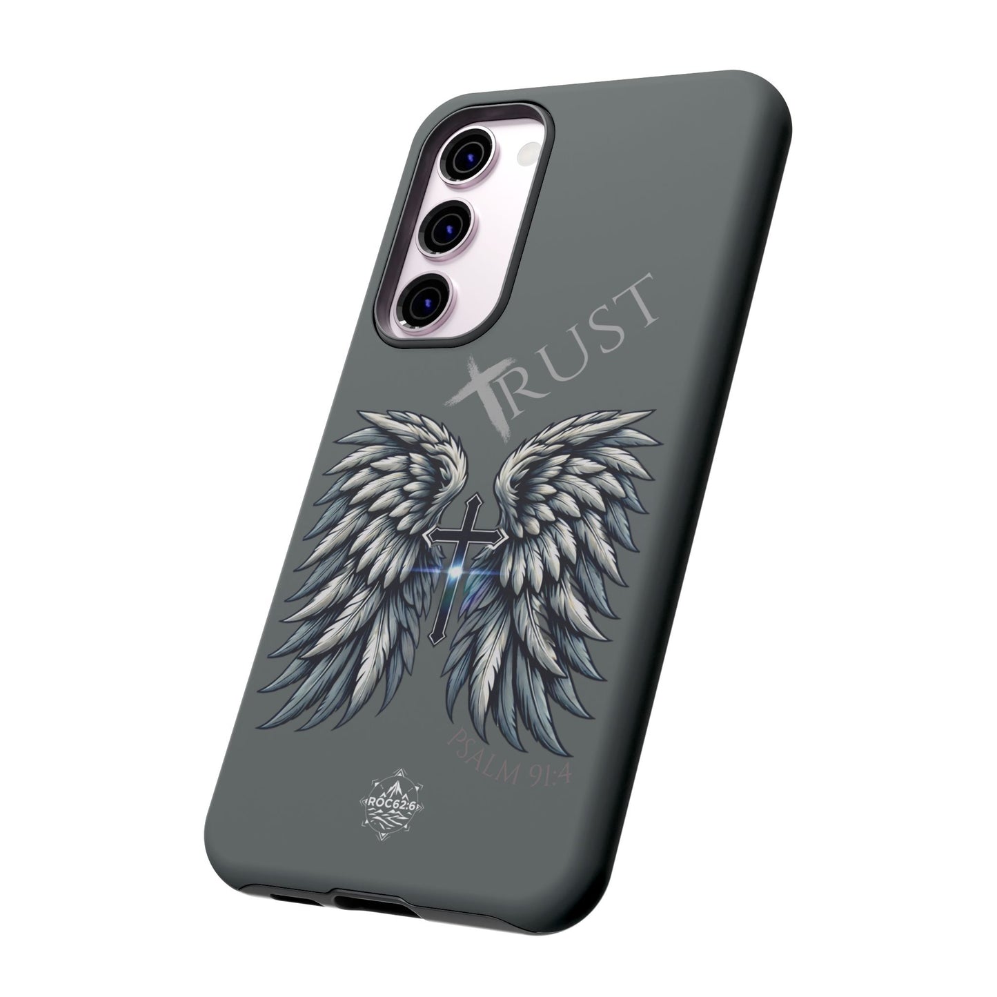 Wings Series Dark Grey Phone Case - Trust, Psalm 91:4 Design, Inspirational Gift, Christian Accessories, Spiritual Protection, Encouragement