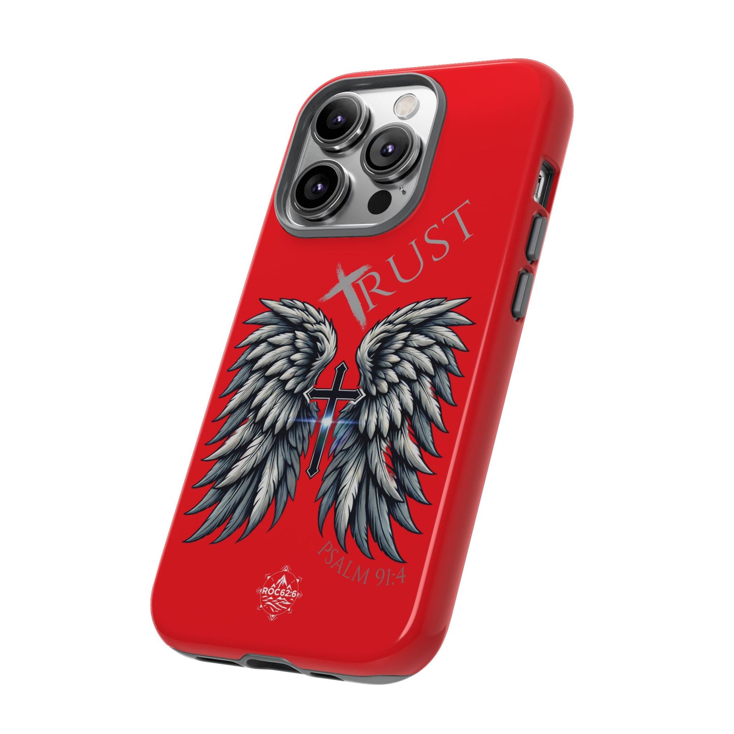 Wings Series Red Phone Case - Trust, Psalm 91:4 Design, Inspirational Gift, Christian Accessories, Spiritual Protection, Encouragement