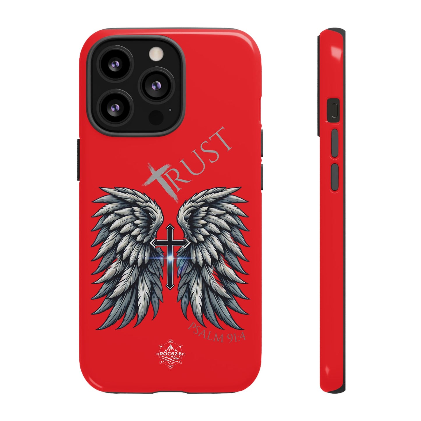 Wings Series Red Phone Case - Trust, Psalm 91:4 Design, Inspirational Gift, Christian Accessories, Spiritual Protection, Encouragement