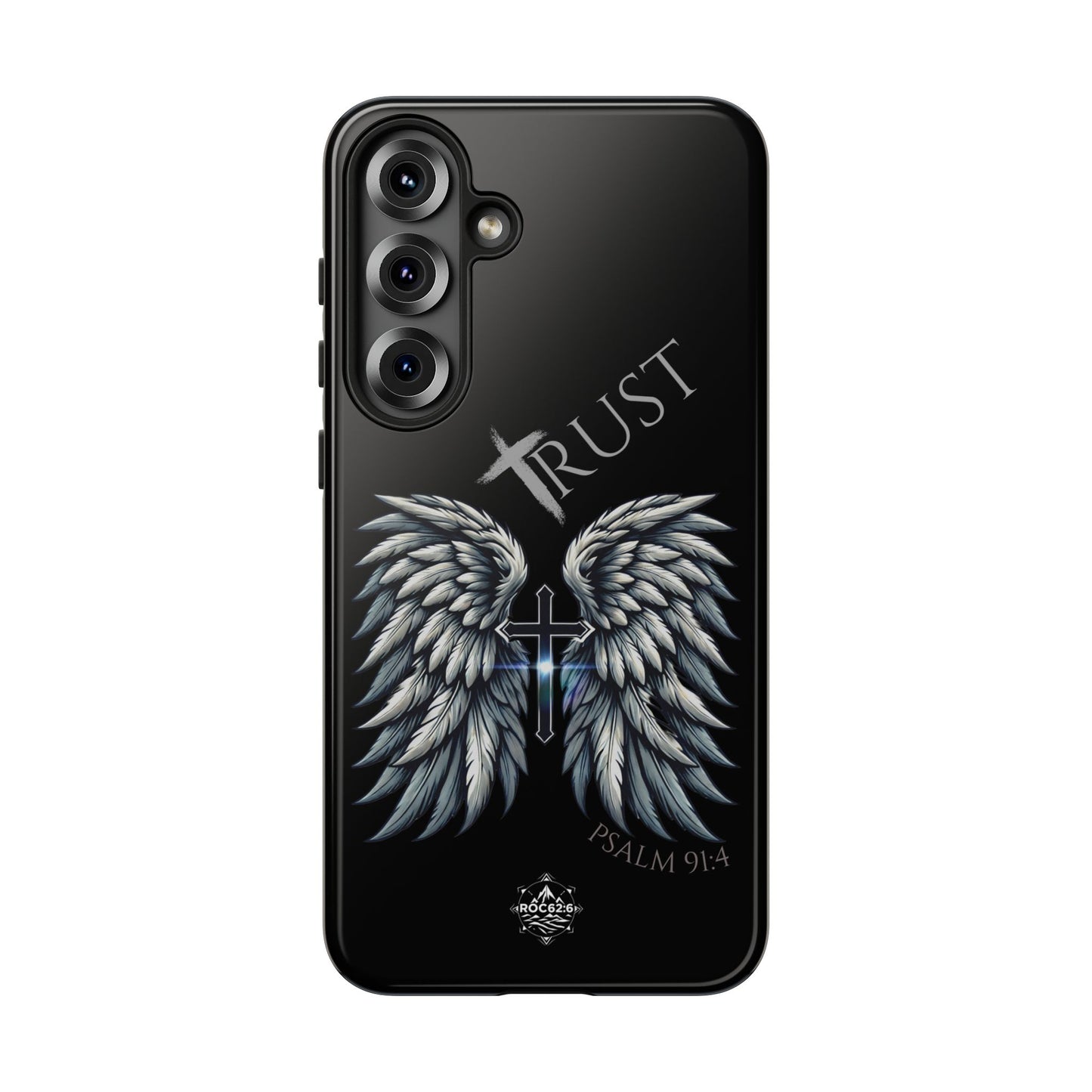 Wings Series Black Phone Case - Trust, Psalm 91:4 Design, Inspirational Gift, Christian Accessories, Spiritual Protection, Encouragement