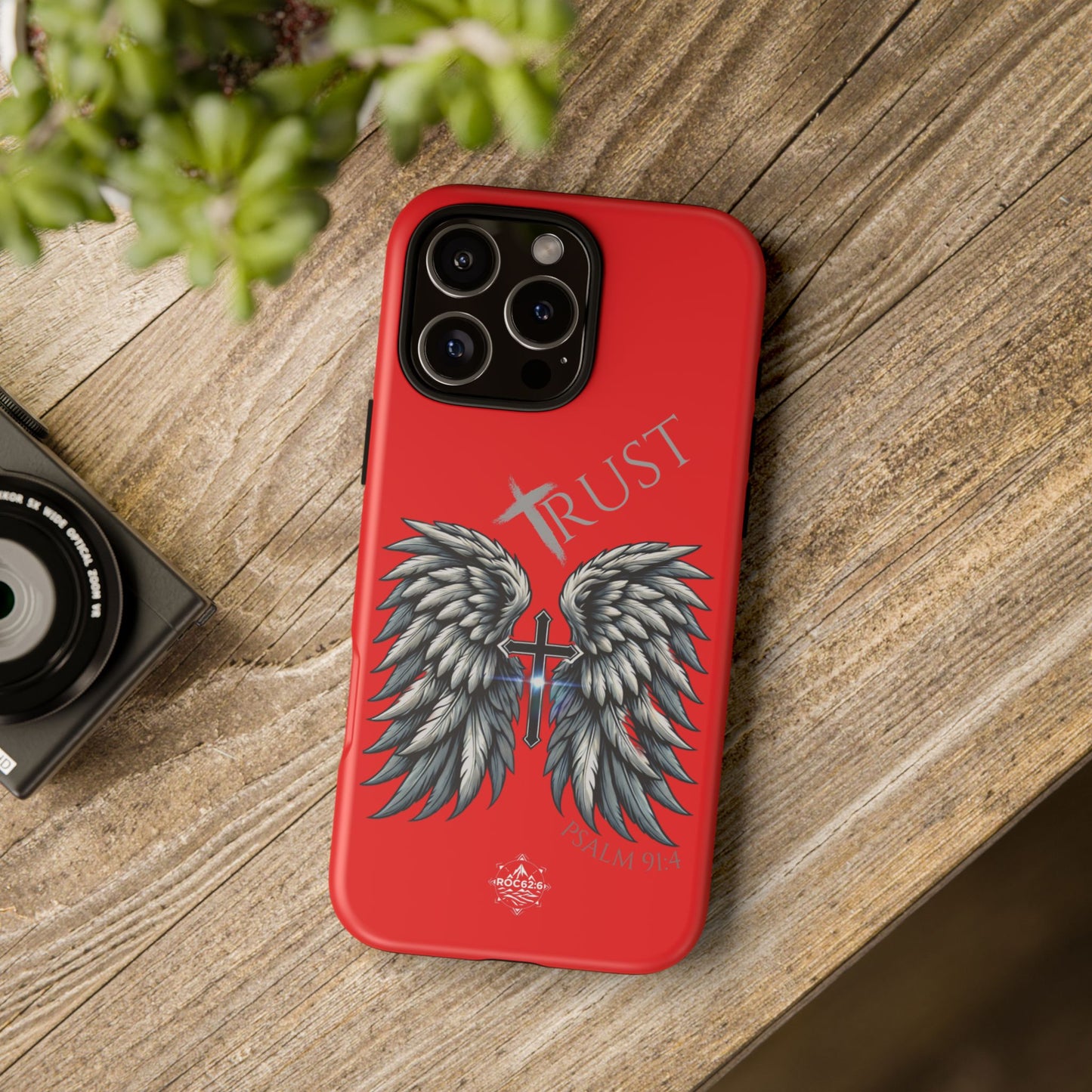 Wings Series Red Phone Case - Trust, Psalm 91:4 Design, Inspirational Gift, Christian Accessories, Spiritual Protection, Encouragement