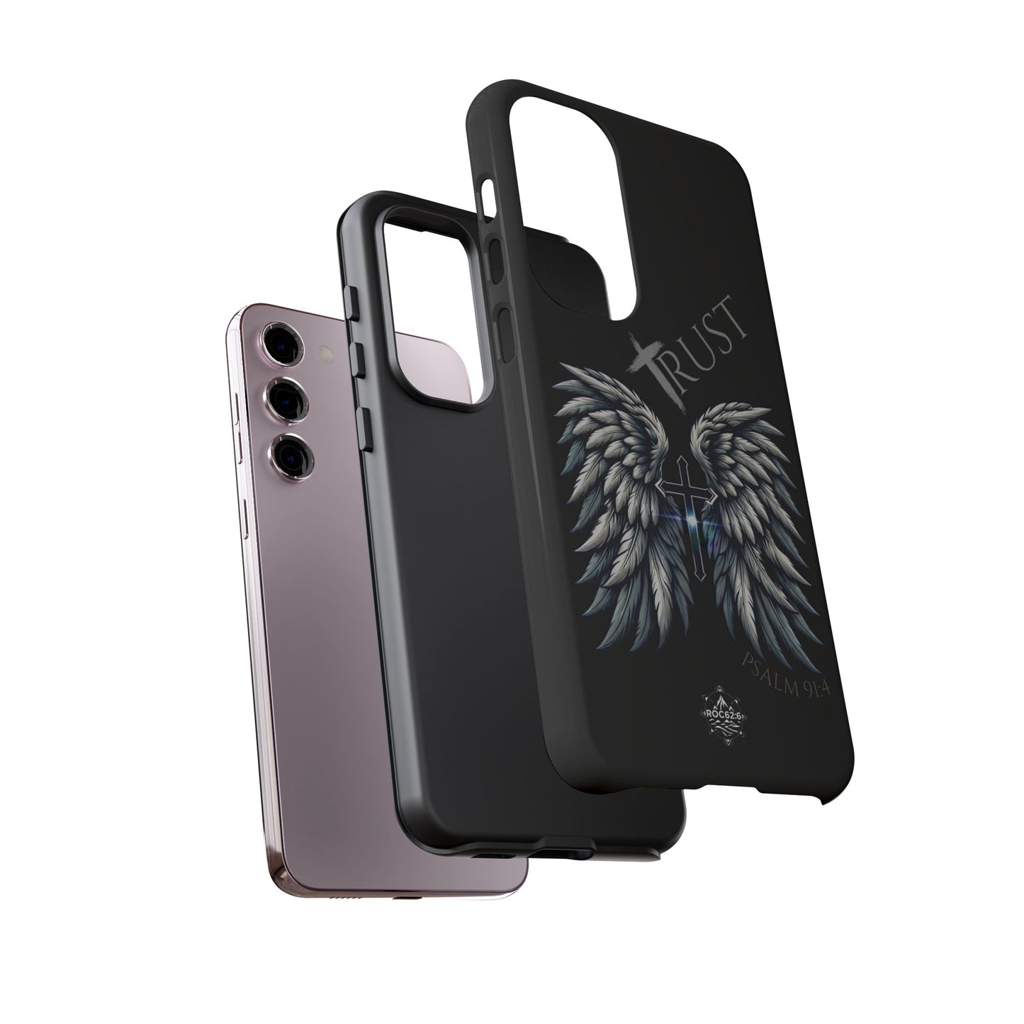 Wings Series Black Phone Case - Trust, Psalm 91:4 Design, Inspirational Gift, Christian Accessories, Spiritual Protection, Encouragement