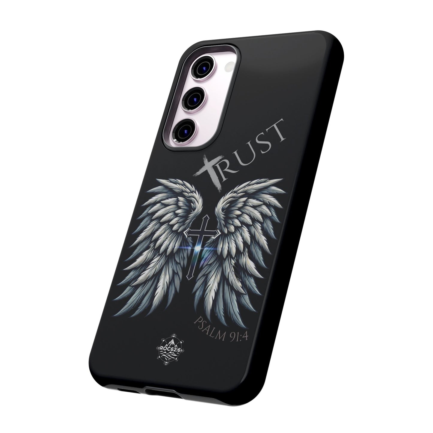 Wings Series Black Phone Case - Trust, Psalm 91:4 Design, Inspirational Gift, Christian Accessories, Spiritual Protection, Encouragement